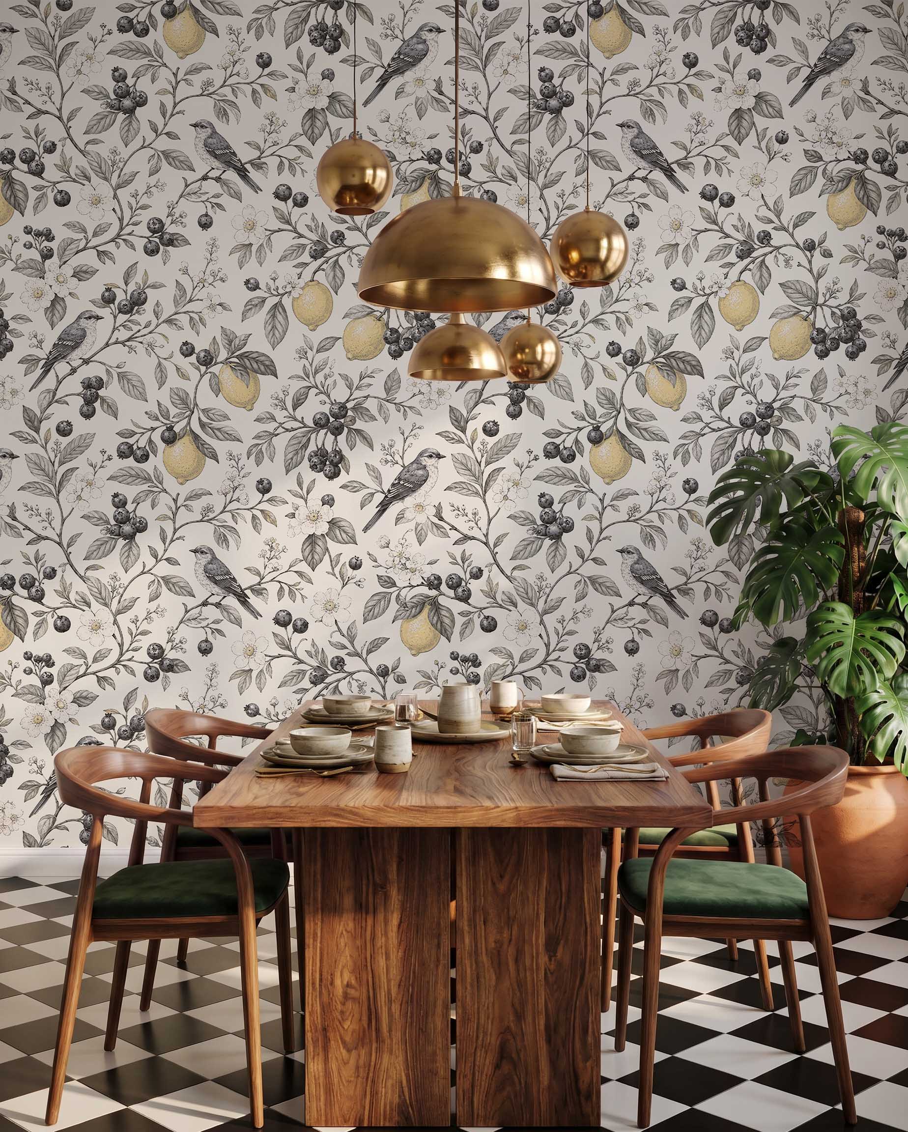 Interior room mockup featuring the Musee Orchard Symphony wall mural with a botanical bird and fruit pattern, creating a fresh and sophisticated contemporary atmosphere.3