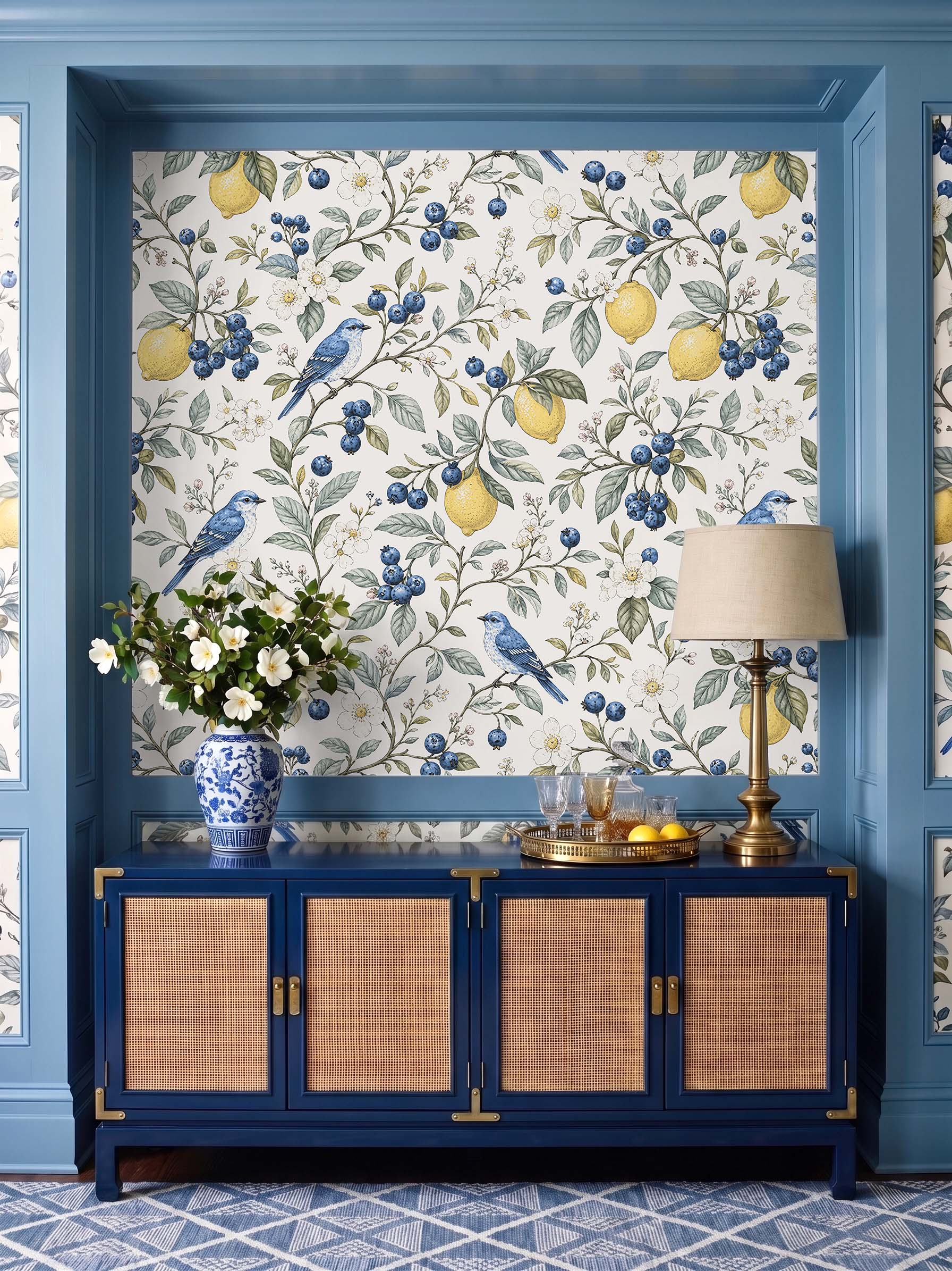 Interior room mockup featuring the Musee Orchard Symphony wall mural with a botanical bird and fruit pattern, creating a fresh and sophisticated contemporary atmosphere.4