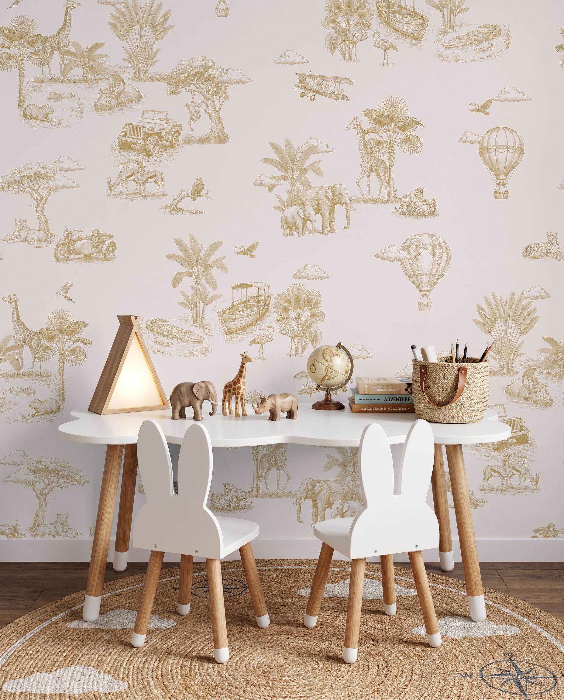Interior room mockup featuring the Musee Savannah Voyage wall mural with a vintage sketched safari pattern, creating an elegant and adventurous kids room atmosphere.2 Interior room mockup featuring the Musee Savannah Voyage wall mural with a vintage sketched safari pattern, creating an elegant and adventurous kids room atmosphere.2
