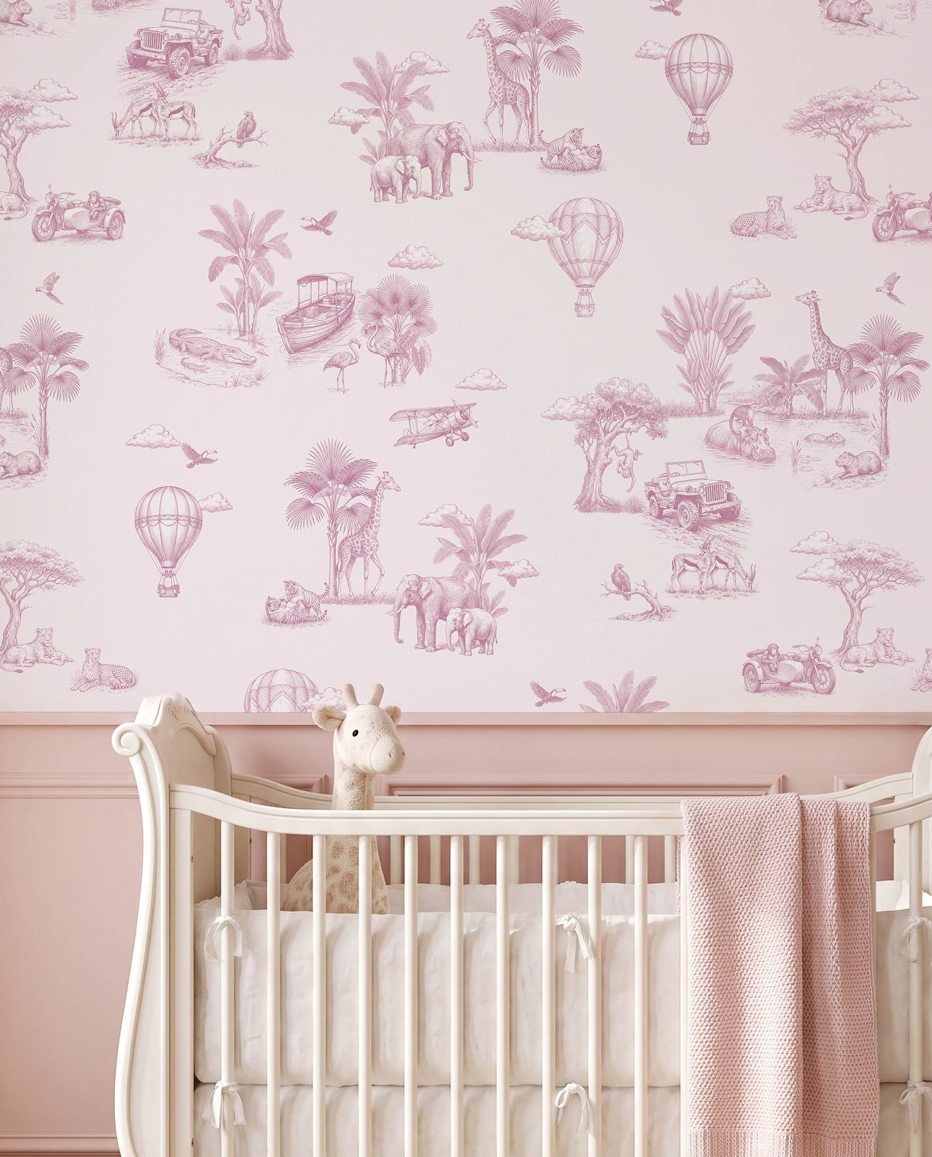 Interior room mockup featuring the Musee Savannah Voyage wall mural with a vintage sketched safari pattern, creating an elegant and adventurous kids room atmosphere.3 Interior room mockup featuring the Musee Savannah Voyage wall mural with a vintage sketched safari pattern, creating an elegant and adventurous kids room atmosphere.3