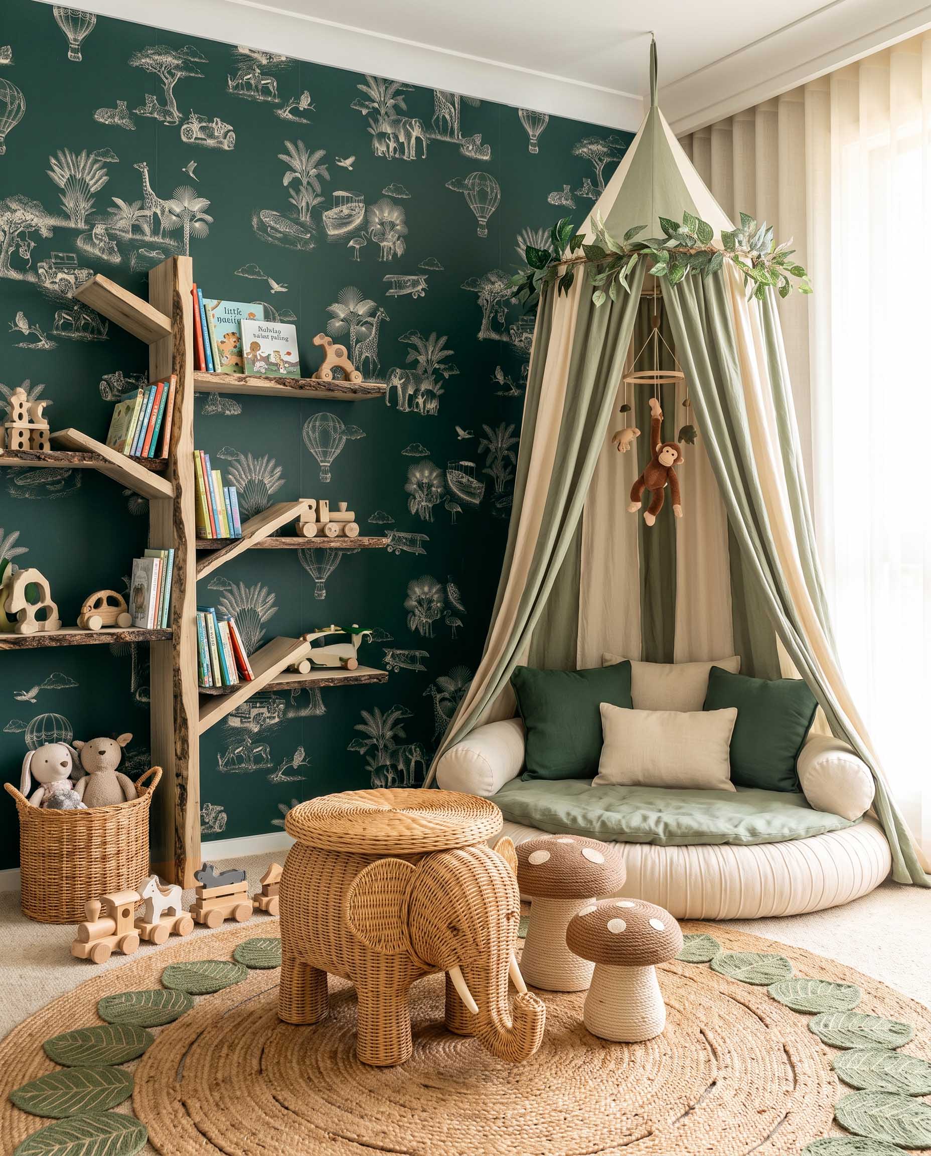 Interior room mockup featuring the Musee Savannah Voyage wall mural with a vintage sketched safari pattern, creating an elegant and adventurous kids room atmosphere.4 Interior room mockup featuring the Musee Savannah Voyage wall mural with a vintage sketched safari pattern, creating an elegant and adventurous kids room atmosphere.4