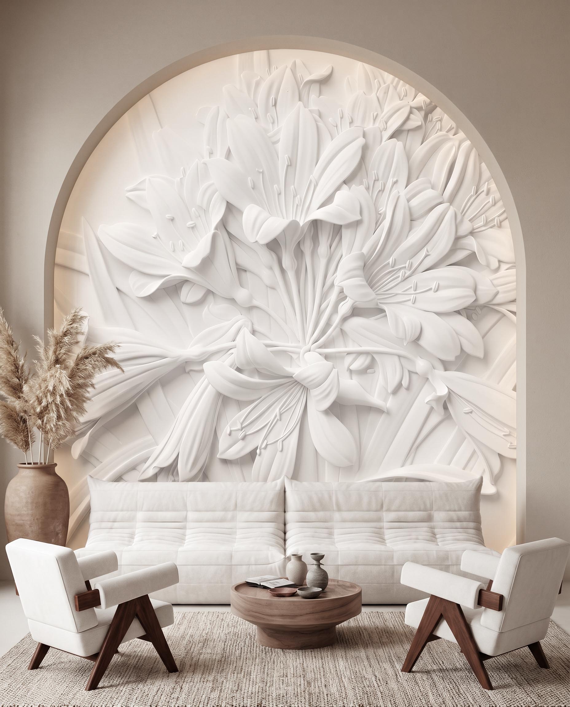 Interior room mockup featuring the Musee Sculpted Blossom wall mural with a 3D relief floral pattern, creating a highly textured and sophisticated contemporary atmosphere.1 Interior room mockup featuring the Musee Sculpted Blossom wall mural with a 3D relief floral pattern, creating a highly textured and sophisticated contemporary atmosphere.1