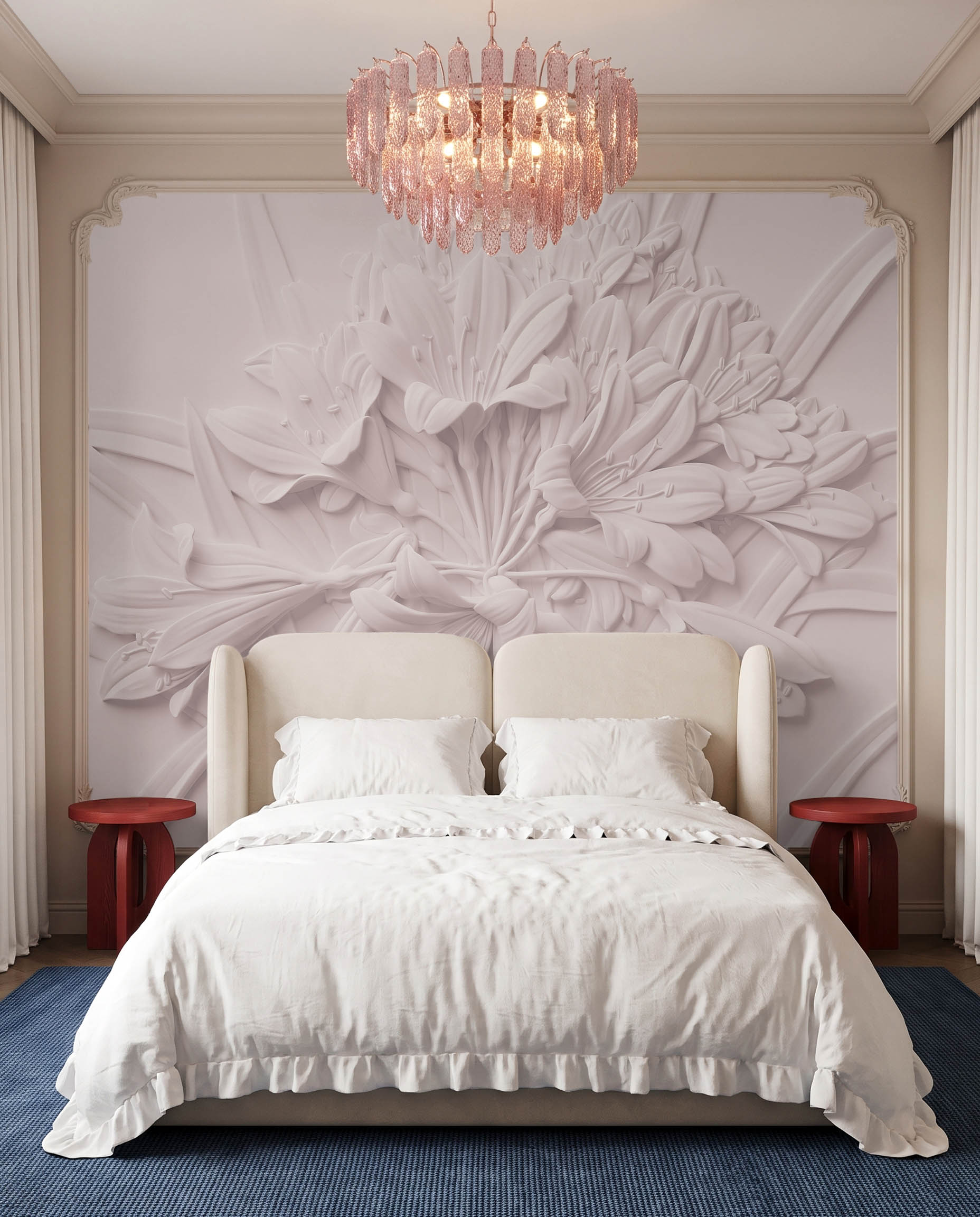 Interior room mockup featuring the Musee Sculpted Blossom wall mural with a 3D relief floral pattern, creating a highly textured and sophisticated contemporary atmosphere.2 Interior room mockup featuring the Musee Sculpted Blossom wall mural with a 3D relief floral pattern, creating a highly textured and sophisticated contemporary atmosphere.2