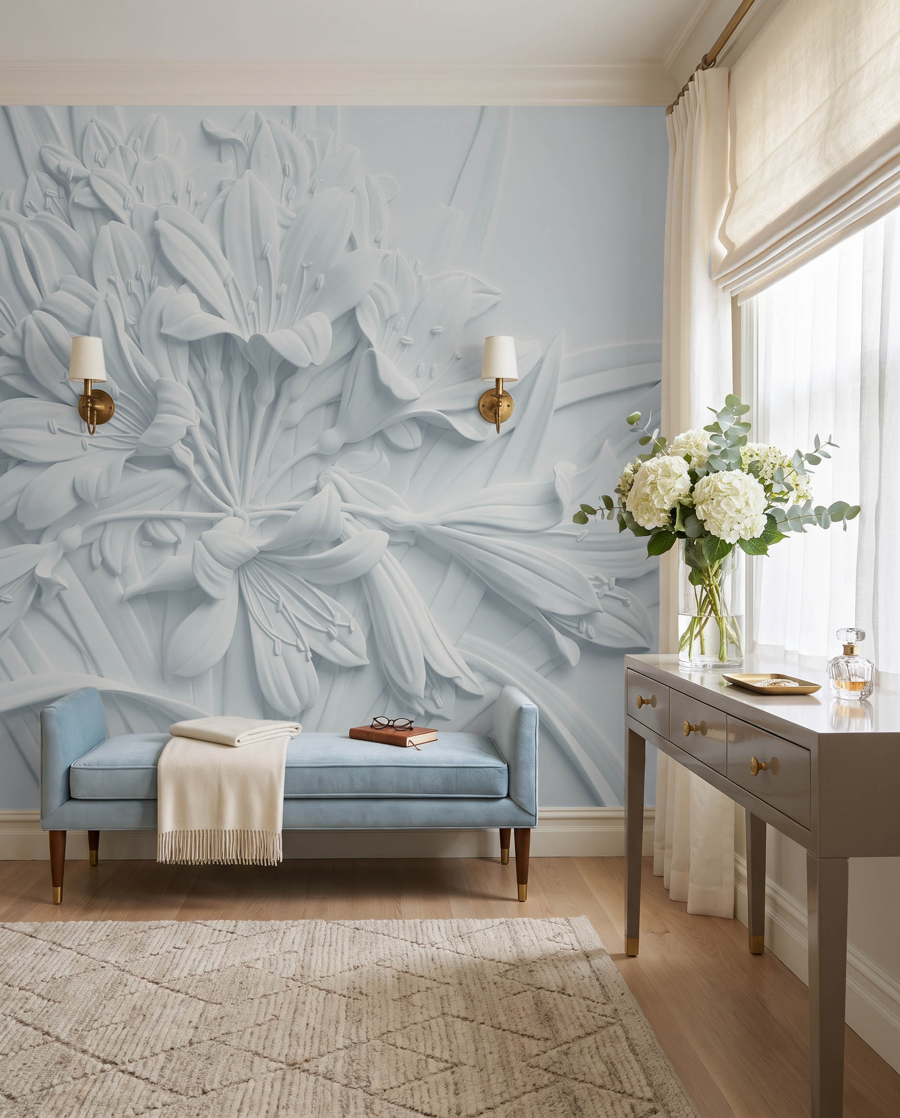 Interior room mockup featuring the Musee Sculpted Blossom wall mural with a 3D relief floral pattern, creating a highly textured and sophisticated contemporary atmosphere.3 Interior room mockup featuring the Musee Sculpted Blossom wall mural with a 3D relief floral pattern, creating a highly textured and sophisticated contemporary atmosphere.3