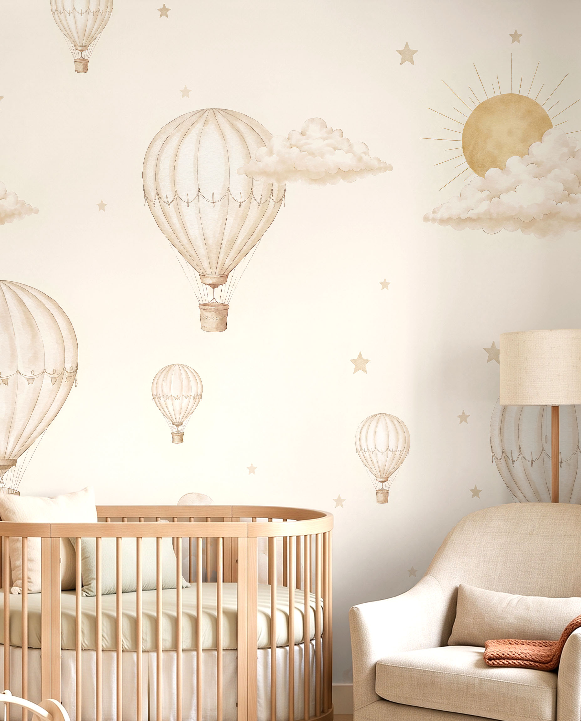 Interior room mockup featuring the Musee Skyward Slumber wall mural with watercolor hot air balloons and clouds, creating a calming and sophisticated kids room atmosphere.1