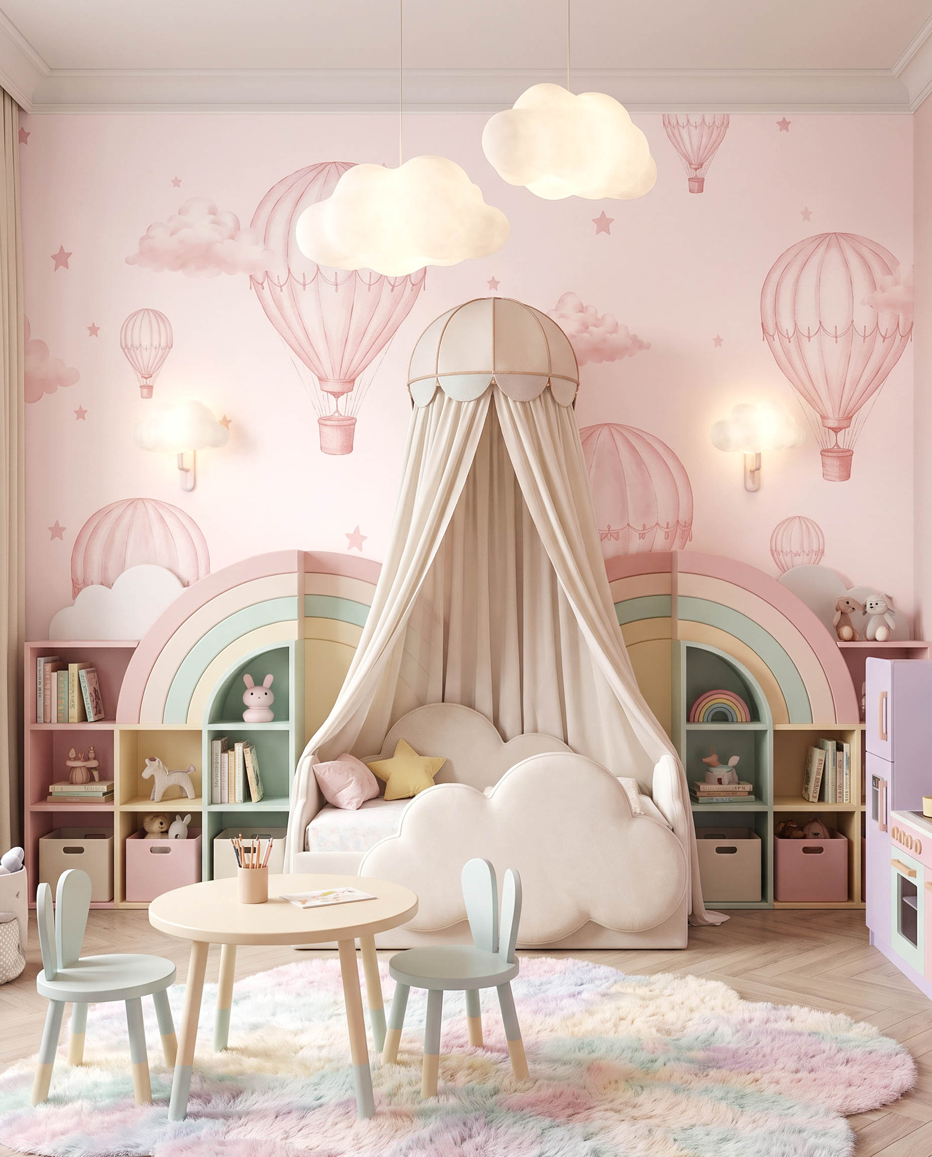 Interior room mockup featuring the Musee Skyward Slumber wall mural with watercolor hot air balloons and clouds, creating a calming and sophisticated kids room atmosphere.2