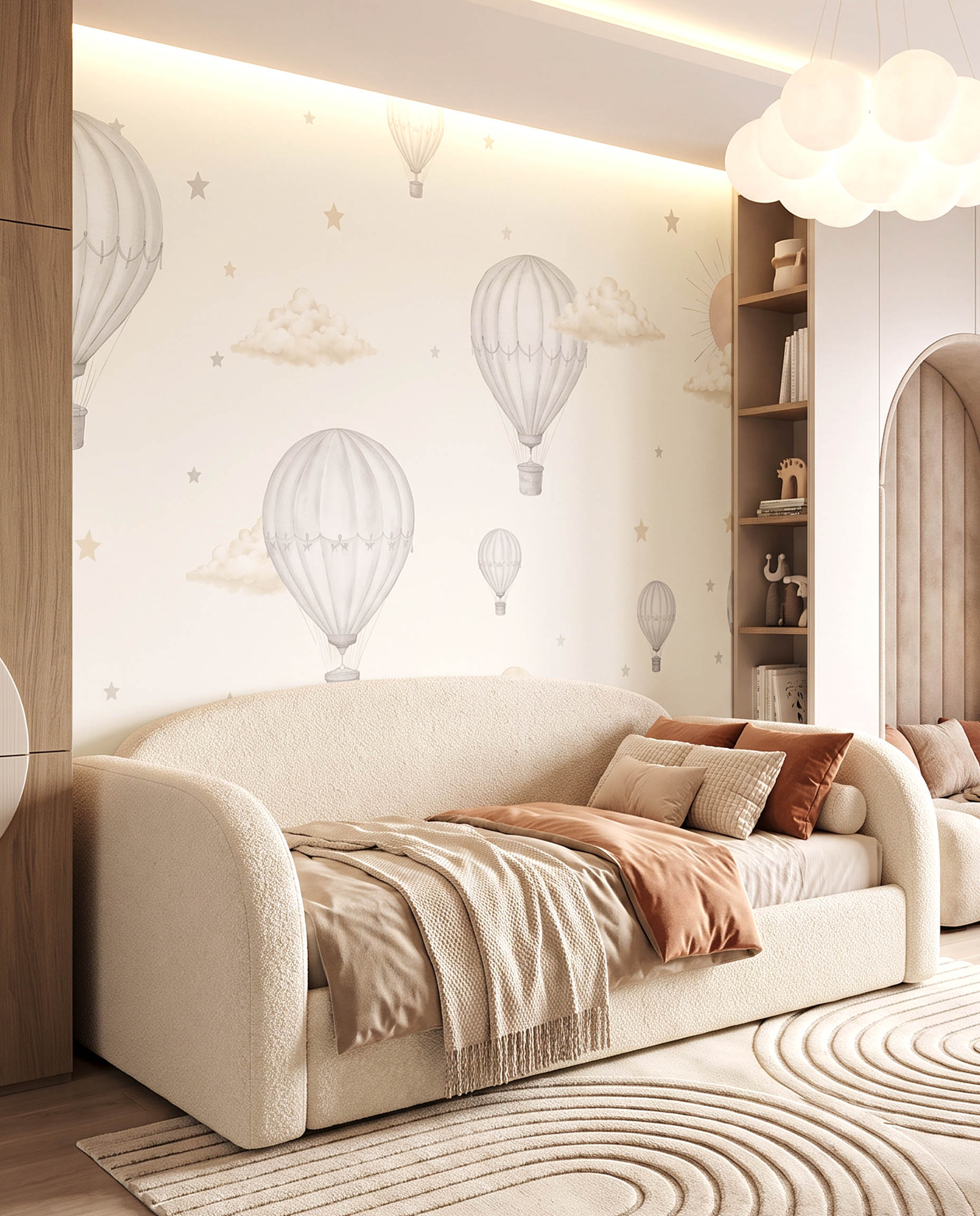Interior room mockup featuring the Musee Skyward Slumber wall mural with watercolor hot air balloons and clouds, creating a calming and sophisticated kids room atmosphere.3