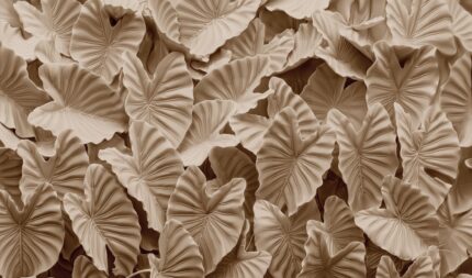 Musee custom wallpaper design showcasing the Carved Oasis pattern in various colorways, featuring contemporary 3D relief botanical art for elegant interiors.G