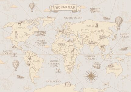 Musee custom wallpaper design showcasing the Navigator's Atlas pattern in various colorways, featuring an antique map style and explorer theme for kids rooms.A