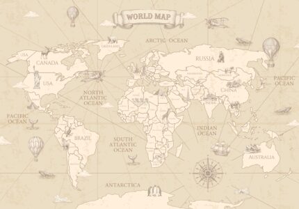 Musee custom wallpaper design showcasing the Navigator's Atlas pattern in various colorways, featuring an antique map style and explorer theme for kids rooms.B