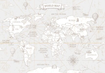 Musee custom wallpaper design showcasing the Navigator's Atlas pattern in various colorways, featuring an antique map style and explorer theme for kids rooms.C
