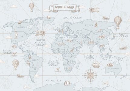 Musee custom wallpaper design showcasing the Navigator's Atlas pattern in various colorways, featuring an antique map style and explorer theme for kids rooms.D