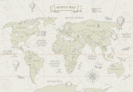 Musee custom wallpaper design showcasing the Navigator's Atlas pattern in various colorways, featuring an antique map style and explorer theme for kids rooms.E