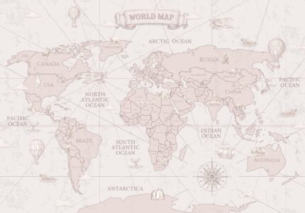 Musee custom wallpaper design showcasing the Navigator's Atlas pattern in various colorways, featuring an antique map style and explorer theme for kids rooms.F