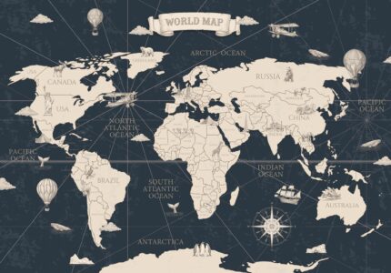 Musee custom wallpaper design showcasing the Navigator's Atlas pattern in various colorways, featuring an antique map style and explorer theme for kids rooms.G