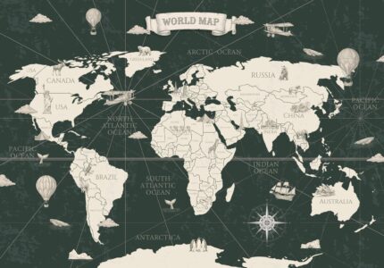 Musee custom wallpaper design showcasing the Navigator's Atlas pattern in various colorways, featuring an antique map style and explorer theme for kids rooms.H