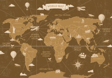 Musee custom wallpaper design showcasing the Navigator's Atlas pattern in various colorways, featuring an antique map style and explorer theme for kids rooms.I