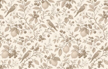Musee custom wallpaper design showcasing the Orchard Symphony pattern in various colorways, featuring vintage botanical art of birds and fruits for elegant interiors.G
