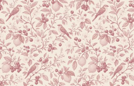 Musee custom wallpaper design showcasing the Orchard Symphony pattern in various colorways, featuring vintage botanical art of birds and fruits for elegant interiors.H
