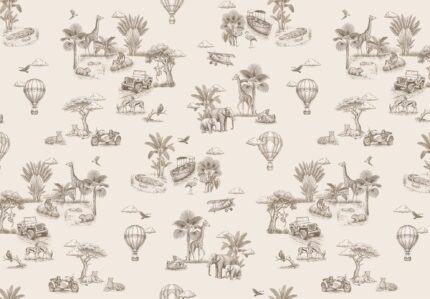 Musee custom wallpaper design showcasing the Savannah Voyage pattern in various colorways, featuring a vintage toile style safari and explorer theme for kids rooms.A