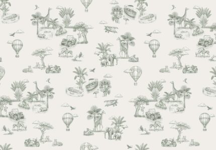 Musee custom wallpaper design showcasing the Savannah Voyage pattern in various colorways, featuring a vintage toile style safari and explorer theme for kids rooms.B