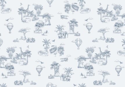 Musee custom wallpaper design showcasing the Savannah Voyage pattern in various colorways, featuring a vintage toile style safari and explorer theme for kids rooms.C