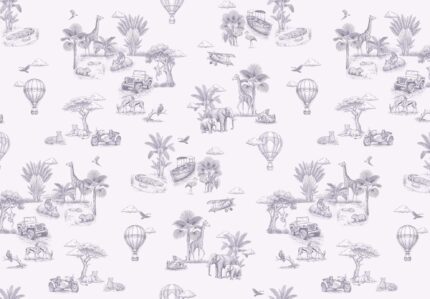 Musee custom wallpaper design showcasing the Savannah Voyage pattern in various colorways, featuring a vintage toile style safari and explorer theme for kids rooms.D