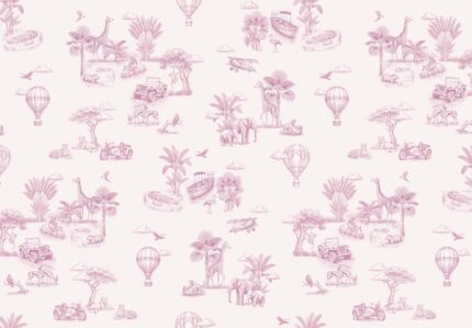 Musee custom wallpaper design showcasing the Savannah Voyage pattern in various colorways, featuring a vintage toile style safari and explorer theme for kids rooms.E