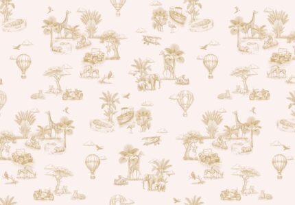 Musee custom wallpaper design showcasing the Savannah Voyage pattern in various colorways, featuring a vintage toile style safari and explorer theme for kids rooms.F