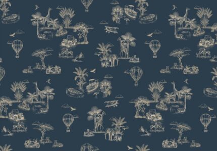 Musee custom wallpaper design showcasing the Savannah Voyage pattern in various colorways, featuring a vintage toile style safari and explorer theme for kids rooms.G
