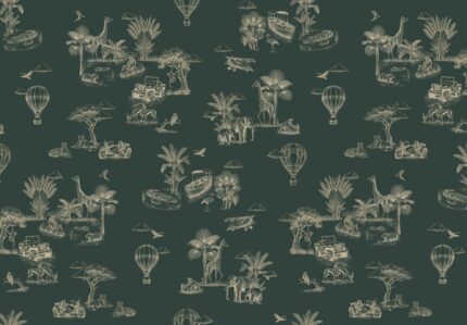 Musee custom wallpaper design showcasing the Savannah Voyage pattern in various colorways, featuring a vintage toile style safari and explorer theme for kids rooms.H
