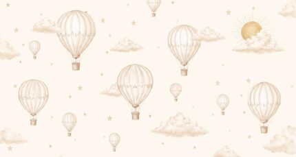 Musee custom wallpaper design showcasing the Skyward Slumber pattern in various colorways, featuring gentle watercolor aviation art for elegant nurseries.A
