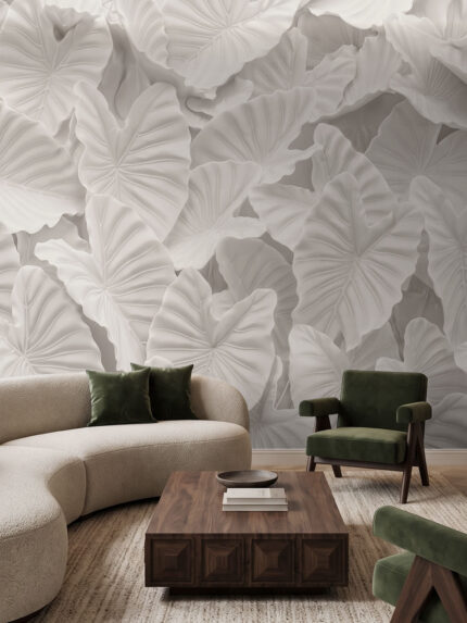 Musee product main image displaying the complete Carved Oasis wallpaper pattern, featuring a seamless 3D relief illustration of plaster effect tropical leaves.