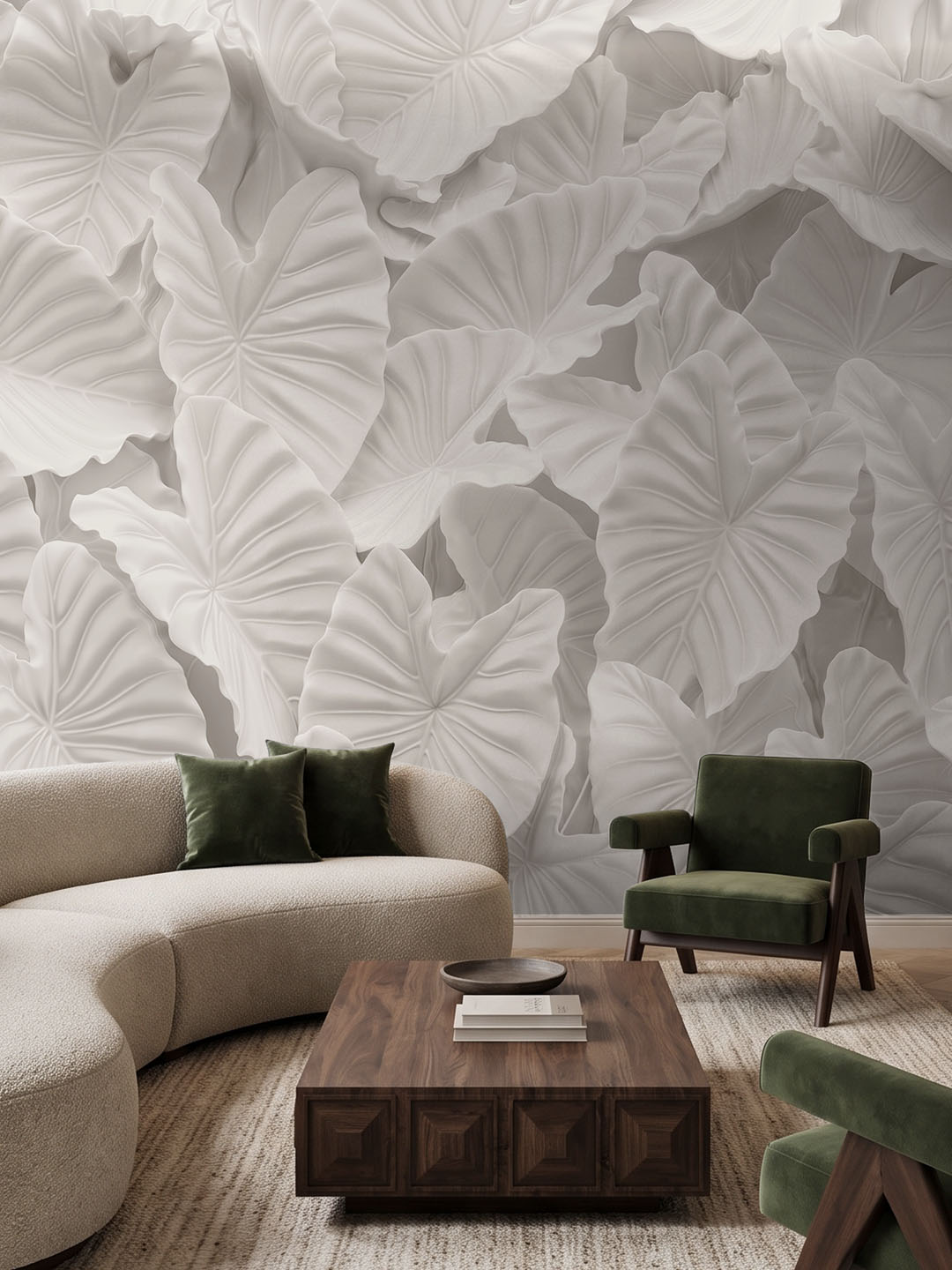 Musee product main image displaying the complete Carved Oasis wallpaper pattern, featuring a seamless 3D relief illustration of plaster effect tropical leaves. Musee product main image displaying the complete Carved Oasis wallpaper pattern, featuring a seamless 3D relief illustration of plaster effect tropical leaves.