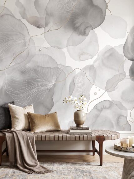 Musee product main image displaying the complete Ethereal Aura wallpaper pattern, featuring a seamless illustration of fluid watercolor shapes and delicate line art.
