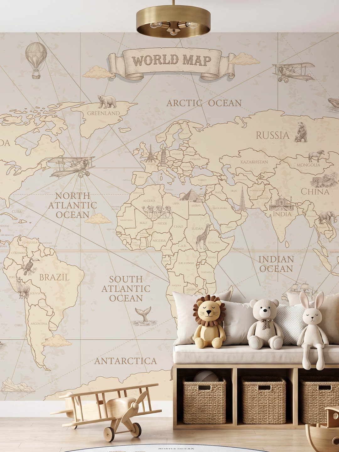 Musee product main image displaying the complete Navigator's Atlas kids wallpaper pattern, featuring a seamless vintage world map illustration with sketched landmarks, animals, and airplanes. Musee product main image displaying the complete Navigator's Atlas kids wallpaper pattern, featuring a seamless vintage world map illustration with sketched landmarks, animals, and airplanes.