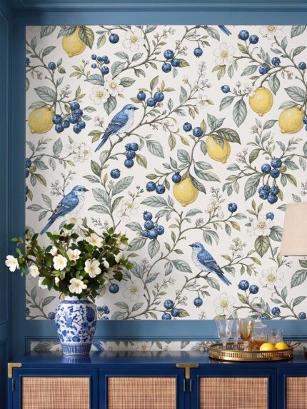 Musee product main image displaying the complete Orchard Symphony wallpaper pattern, featuring a seamless botanical illustration of songbirds, citrus fruits, berries, and blossoms.