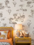 Musee product main image displaying the complete Savannah Voyage kids wallpaper pattern, featuring a seamless sketched illustration of vintage safari with animals, jeeps, and hot air balloon