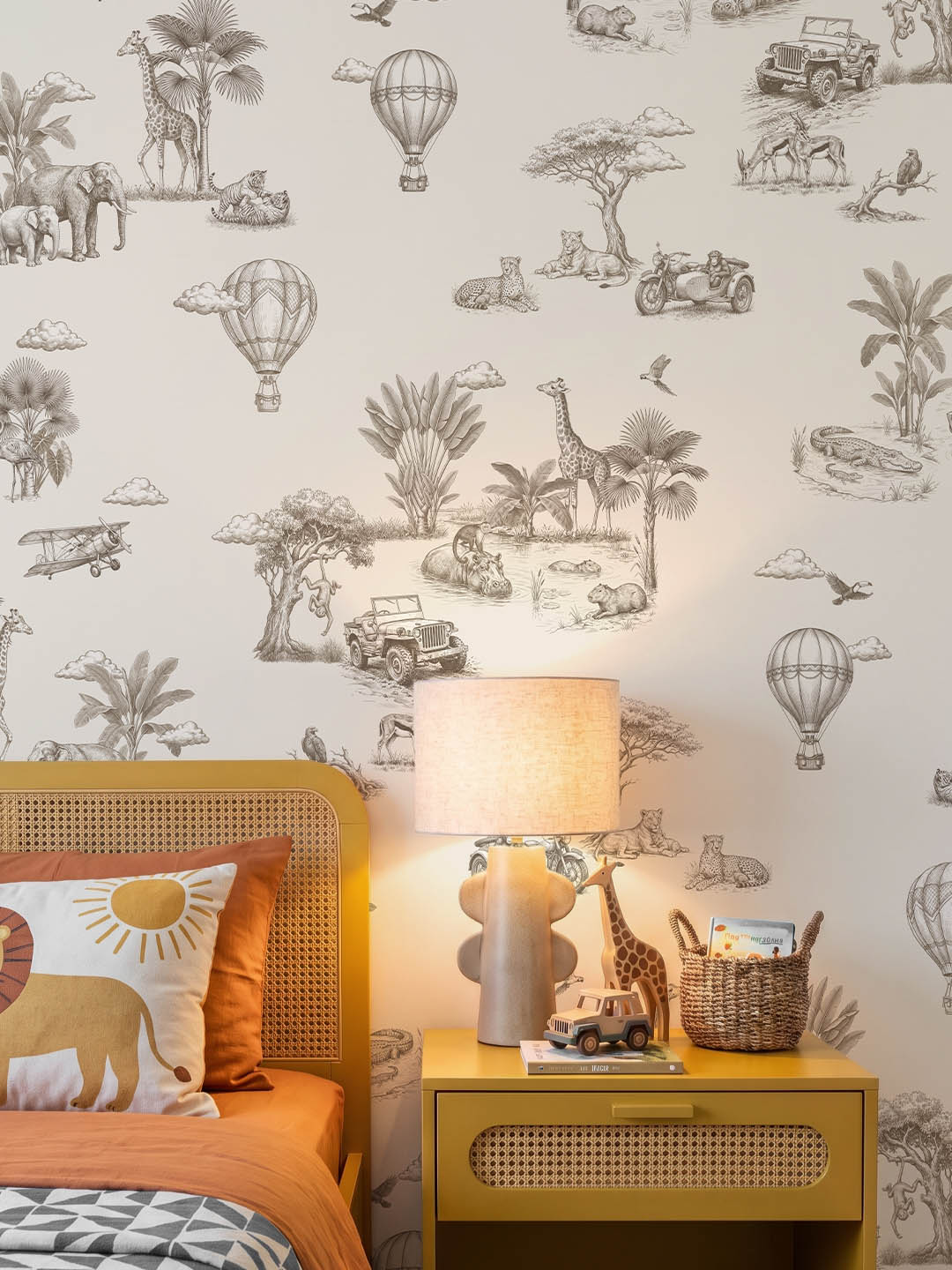 Musee product main image displaying the complete Savannah Voyage kids wallpaper pattern, featuring a seamless sketched illustration of vintage safari with animals, jeeps, and hot air balloon Musee product main image displaying the complete Savannah Voyage kids wallpaper pattern, featuring a seamless sketched illustration of vintage safari with animals, jeeps, and hot air balloon