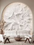 Musee product main image displaying the complete Sculpted Blossom wallpaper pattern, featuring a seamless 3D relief illustration of plaster effect blooming flowers and leaves.