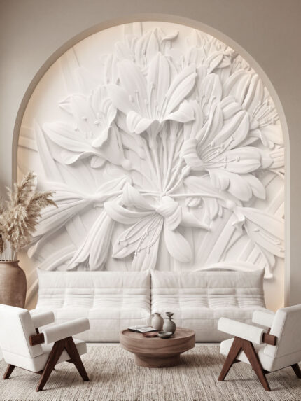 Musee product main image displaying the complete Sculpted Blossom wallpaper pattern, featuring a seamless 3D relief illustration of plaster effect blooming flowers and leaves.