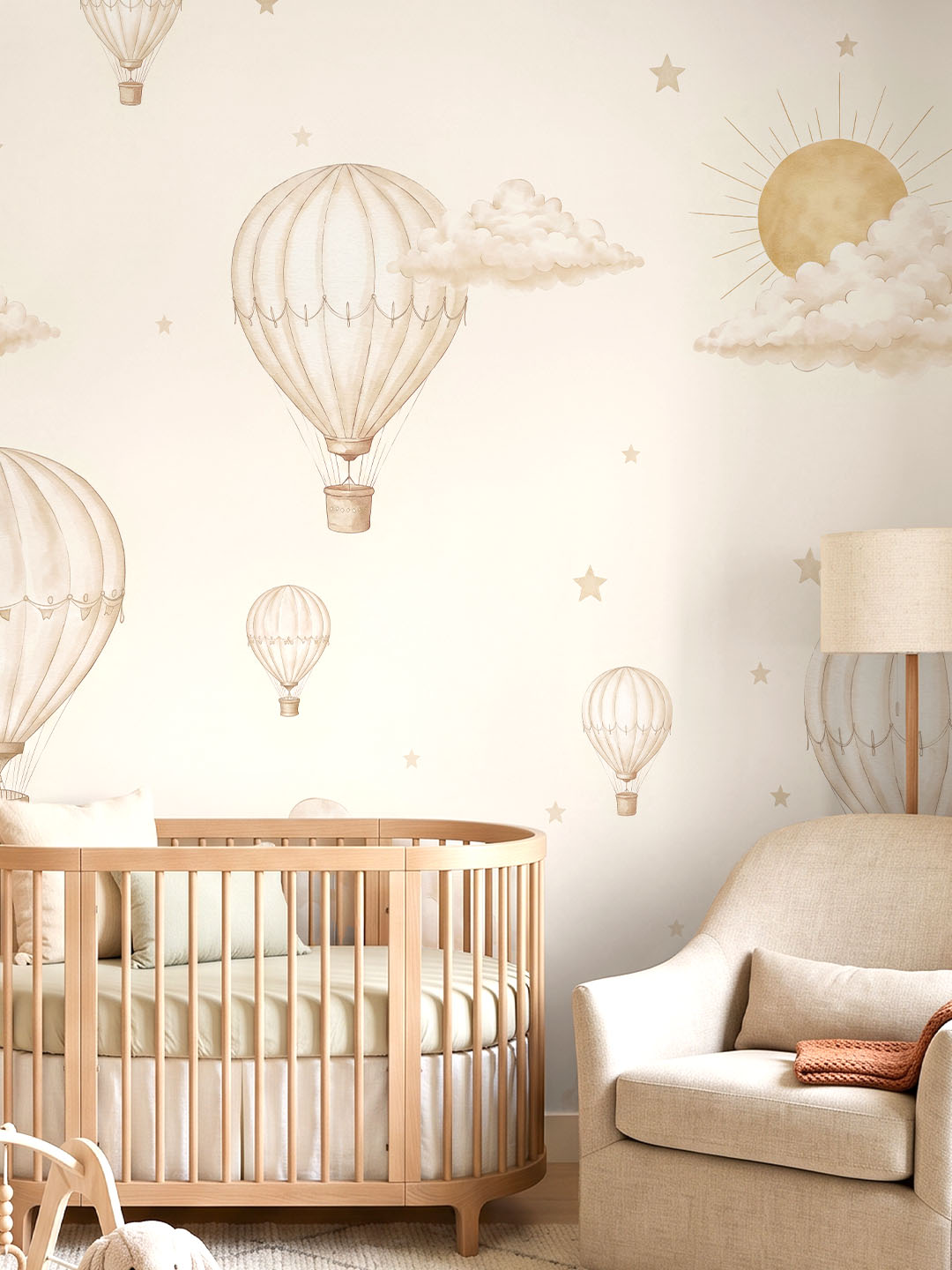 Musee product main image displaying the complete Skyward Slumber kids wallpaper pattern, featuring a seamless watercolor illustration of vintage hot air balloons, clouds, and stars.