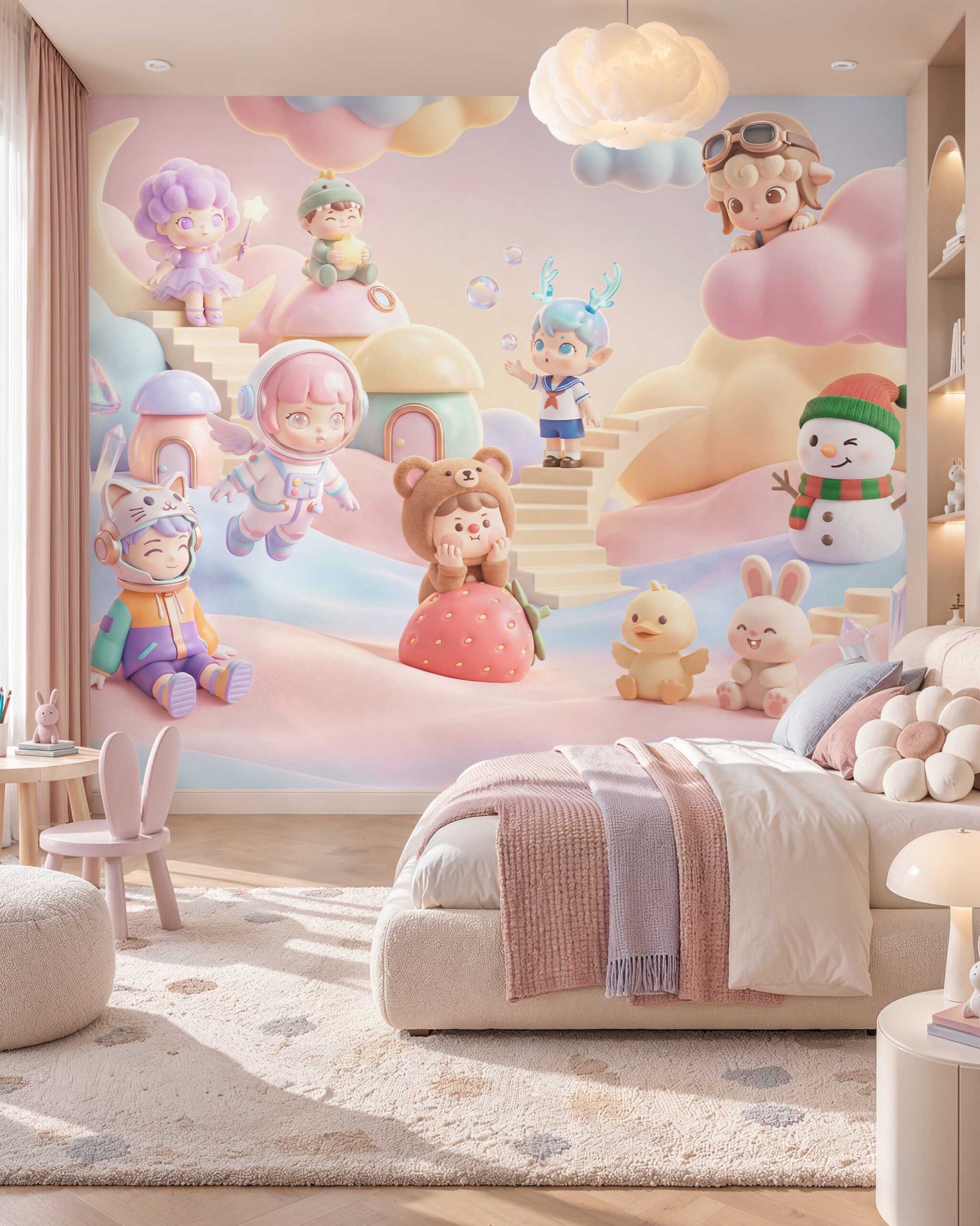 Cloudberry Dreamland pastel 3D kids wallpaper in a playful children’s room 1 Cloudberry Dreamland pastel 3D kids wallpaper in a playful children’s room 1