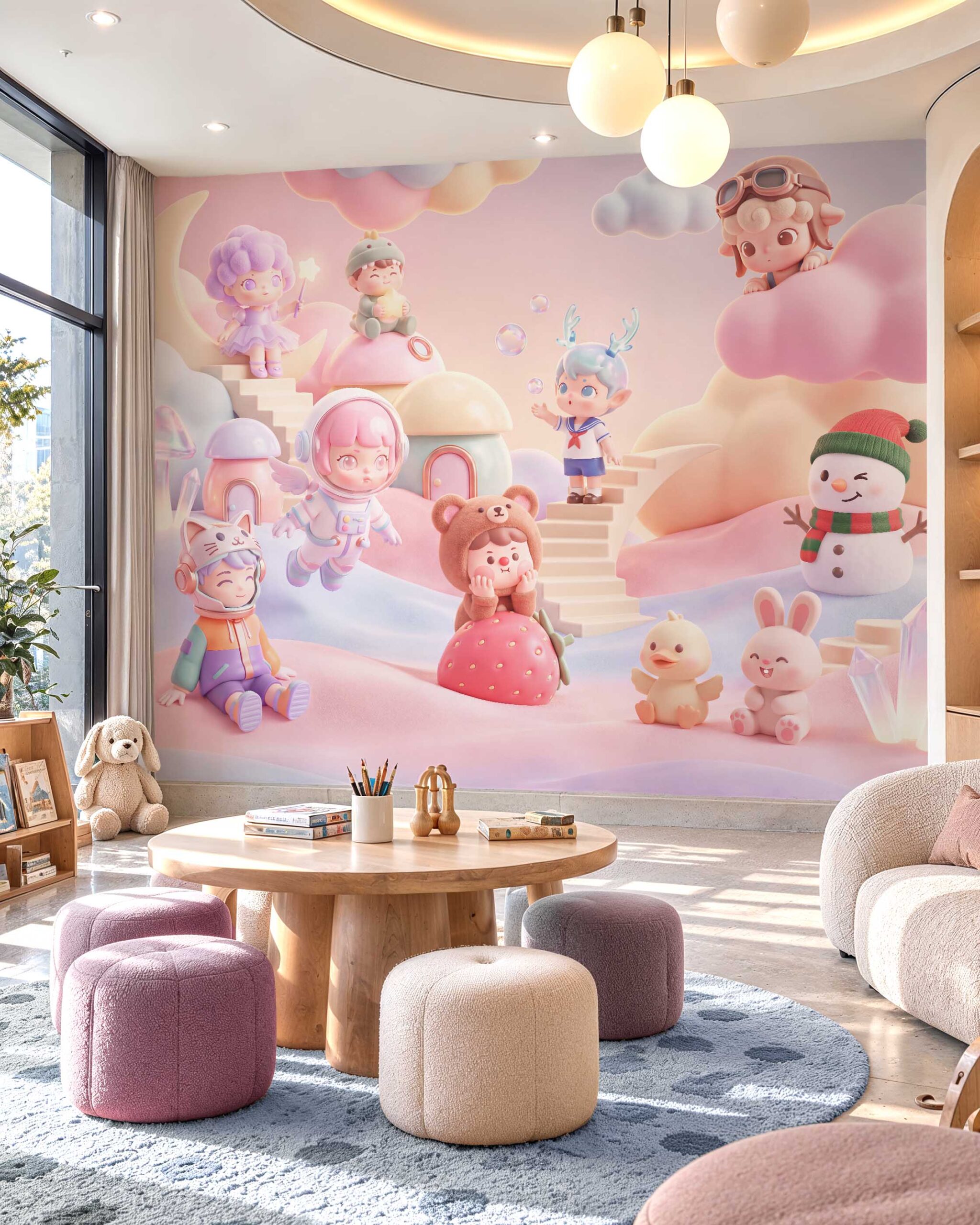 Cloudberry Dreamland pastel 3D kids wallpaper in a playful children’s room 2 Cloudberry Dreamland pastel 3D kids wallpaper in a playful children’s room 2