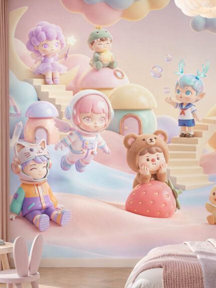 Cloudberry Dreamland pastel 3D kids wallpaper with cute fantasy characters