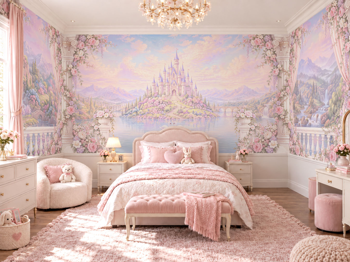 Rosehaven princess castle wallpaper mural in a pastel pink kids bedroom 1 Rosehaven princess castle wallpaper mural in a pastel pink kids bedroom 1
