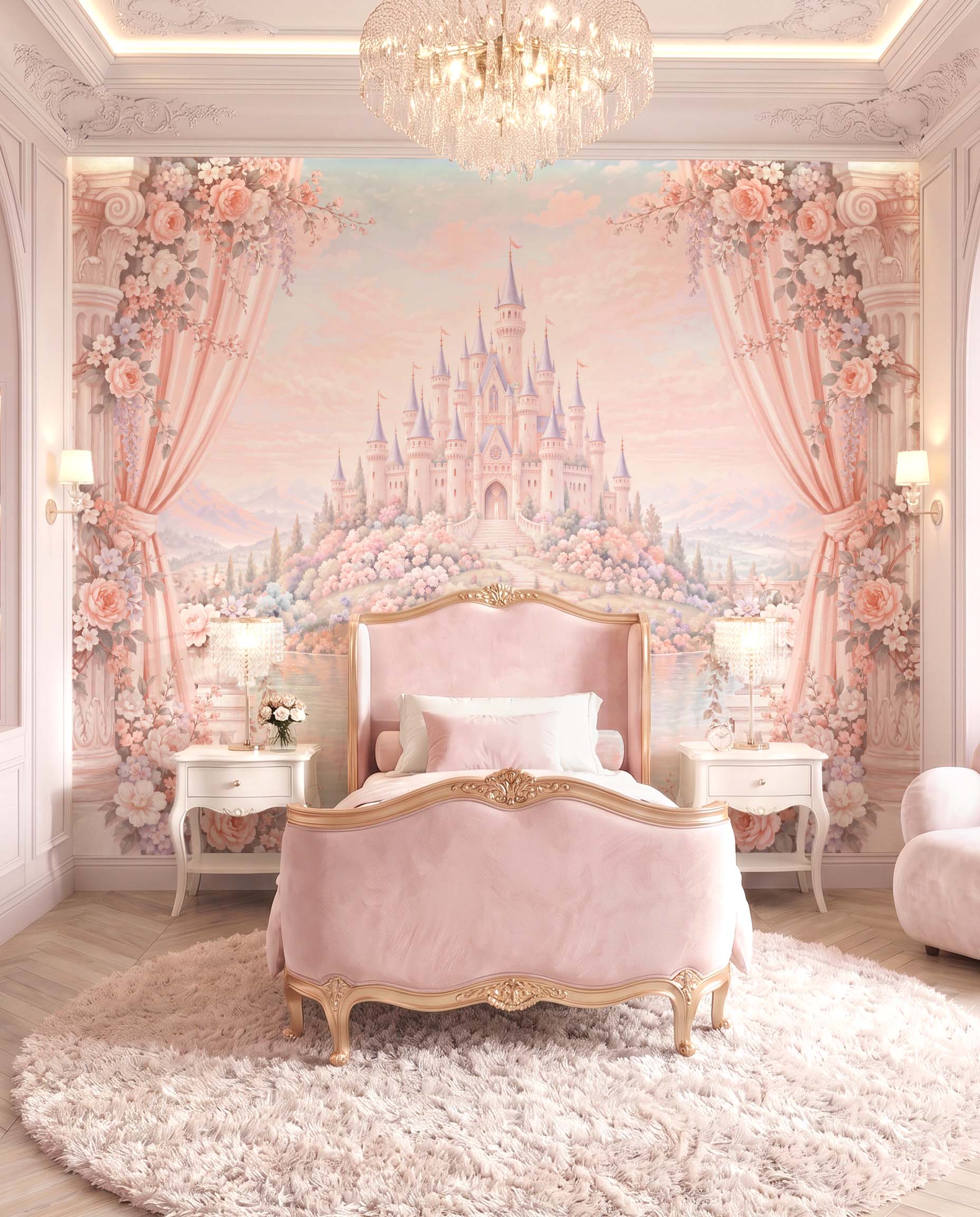 Rosehaven princess castle wallpaper mural in a pastel pink kids bedroom 2 Rosehaven princess castle wallpaper mural in a pastel pink kids bedroom 2