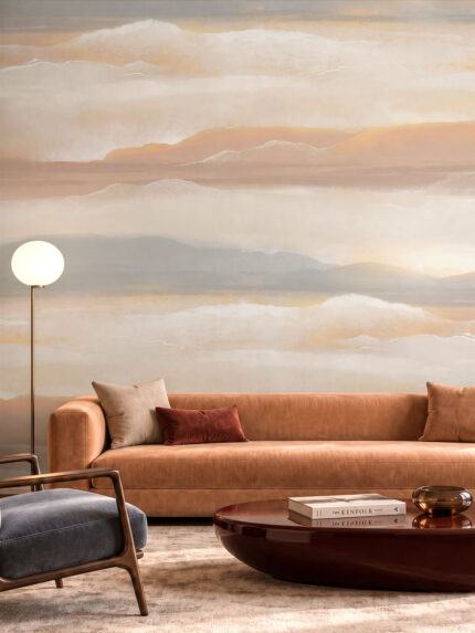 Amber Veil watercolor abstract wallpaper in soft beige peach and grey tones