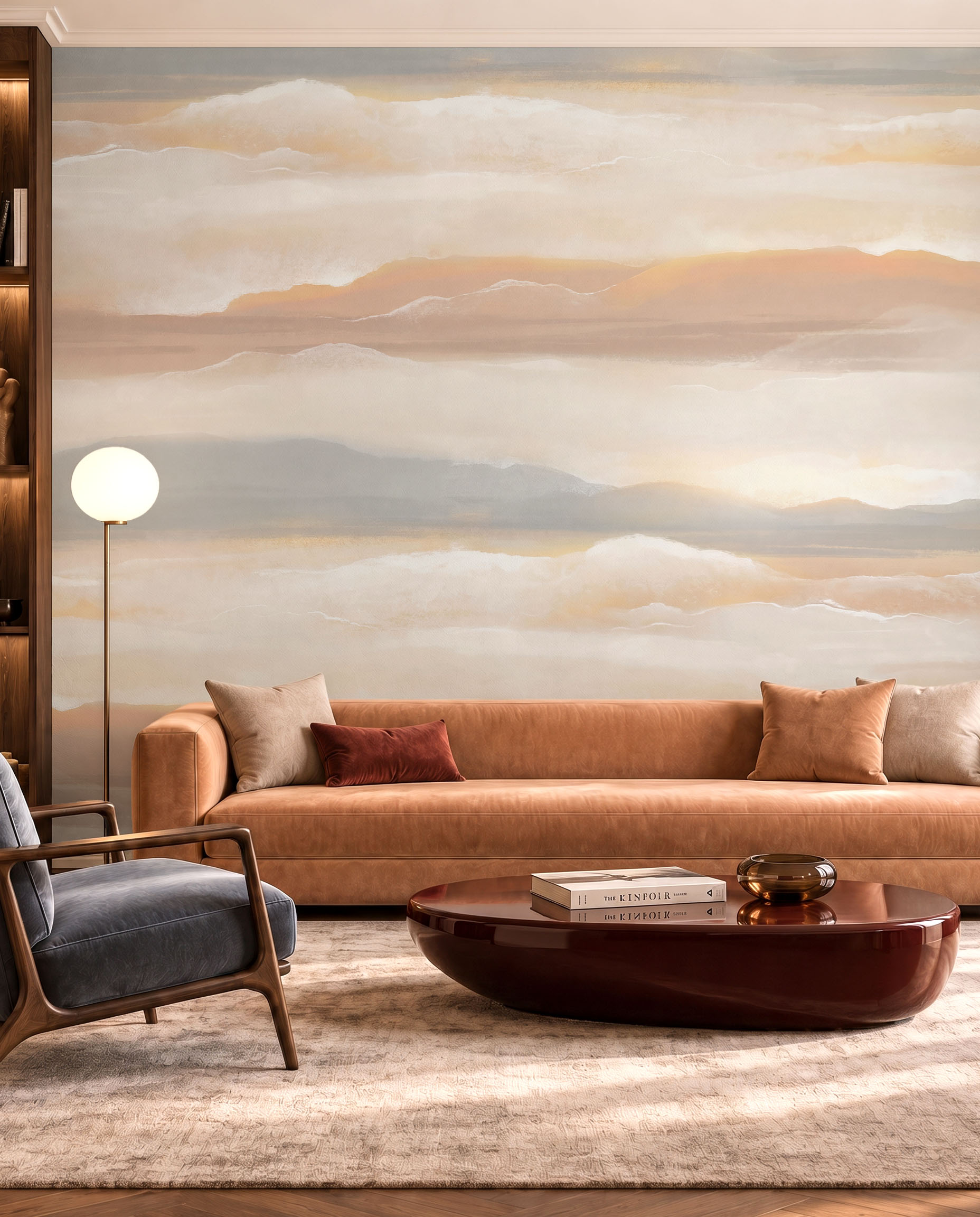 Amber Veil watercolor abstract wallpaper mural in a warm contemporary interior 1