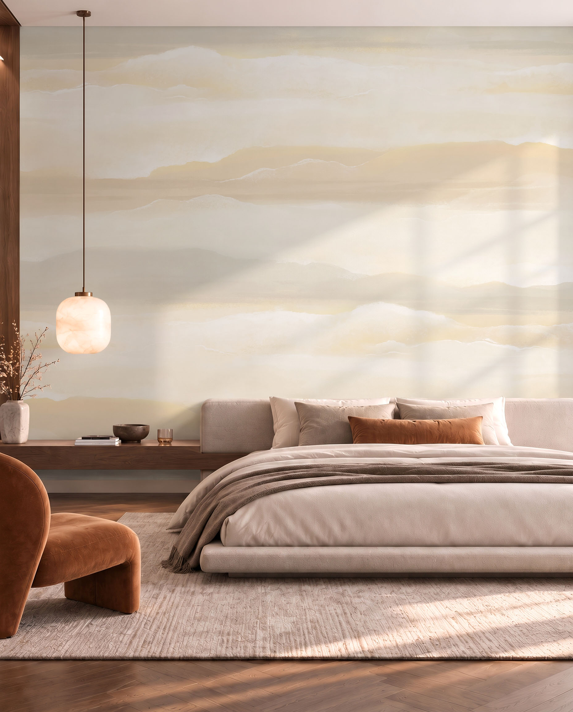 Amber Veil watercolor abstract wallpaper mural in a warm contemporary interior 2